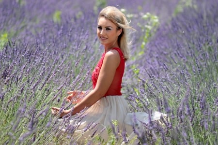 Lavender Field - Woman, Field, Flowers, Lavender