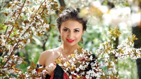 Woman In Flowery Trees - Woman, Trees, Female, Flowers, Brunette, Models