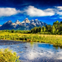 Landscape of mountains river and trees