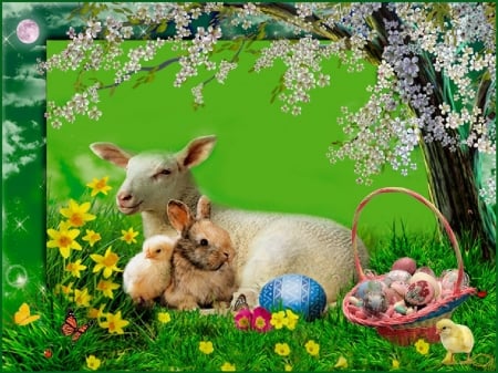 Easter Time - blossoms, meadow, sheep, flowers, artwork, eggs, chicken, basket, tree, painting, bunny