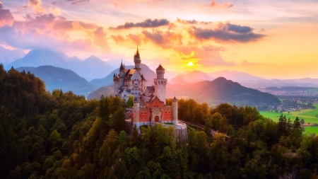 Neuschwanstein Castle,Germany - clouds, germany, trees, forest, mountains, castle