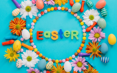 Happy Easter! - blue, easter, orange, card, egg, flower