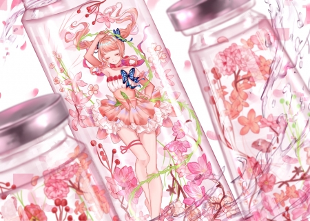 Spring - flower, tagme, pink, sakura, anime, girl, bottle, manga