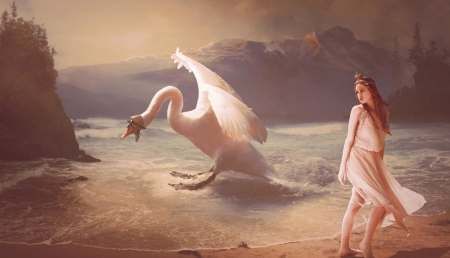 Sorry, I'm late! - swan, beach, girl, water, summer, fantasy, bird, pasare, luminos, black b o x, sea