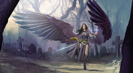 Avacyn's little sister - girl, angel, todd hebenstreit, frumusete, feahter, fantasy, purple, wings, luminos