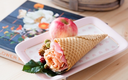 Happy Day! - apple, cornet, card, flower, pink, fruit, day