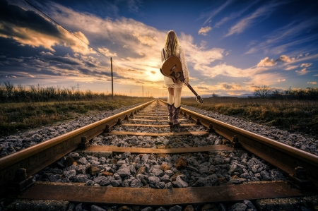 A Walk On The Tracks . . - women, fun, tracks, railroad, female, models, western, guitar, cowgirl, style, outdoors, sunset, blondes