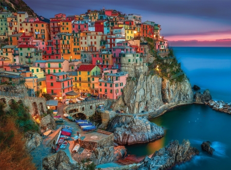 Cinque Terre, Italy - sky, village, houses, clouds, cliff, sunset, sea, coast