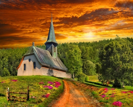 Sunset at the Church - sky, hills, trees, clouds, sun, color, flowers, path