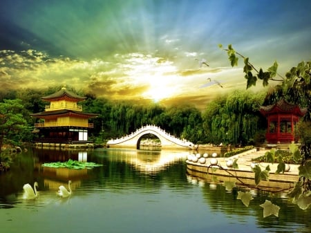 Swan Lake - Trees, Sunset, Clouds, Bridge, White, Swans, Sky