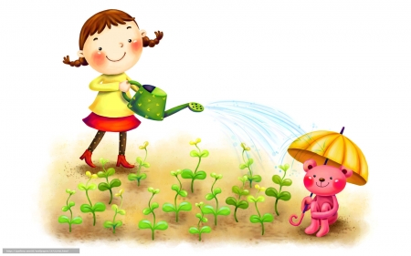 Girl at Garden Work - bear, water, garden, girl, plants