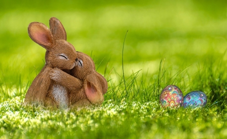 Bunny Hugs - eggs, Bunnies, Easter eggs, rabbits, figurine, hugs, grass, Easter