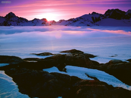 Morning Light - clouds, nature, mist, snow, beauty, rocks, sun, sky