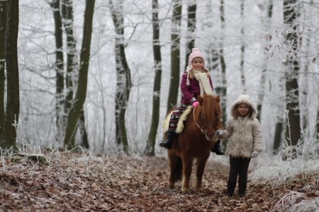 Little girls - princess, people, hair, belle, 2 girls, sightly, white, face, childhood, fair, bonny, adorable, wallpaper, child, nature, beautiful, snow, pink, sweet, nice, beauty, hat, photography, pretty, tree, cute, kid, dainty, girl, winter, lovely, pure, comely, horse, desktopnexus, smile, blonde