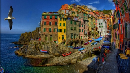 Riomaggiore,Cinque Terre,Italy - nature, houses, italy, sailing, sailboat, sea, birds