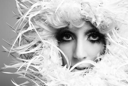 Lady Gaga - artist, woman, fur, actress, girl, eyes, winter, singer, bw, black, face, white, lady gaga