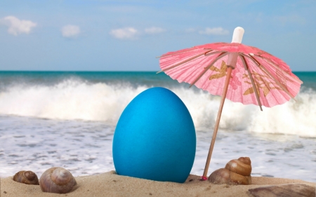 Happy Easter! - parasol, beach, water, easter, pink, blue, umbrella, egg, sea