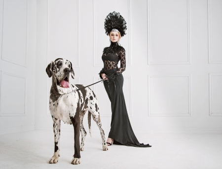 Beauty - hat, dress, girl, dog, black, white, great dane, woman, model, caine