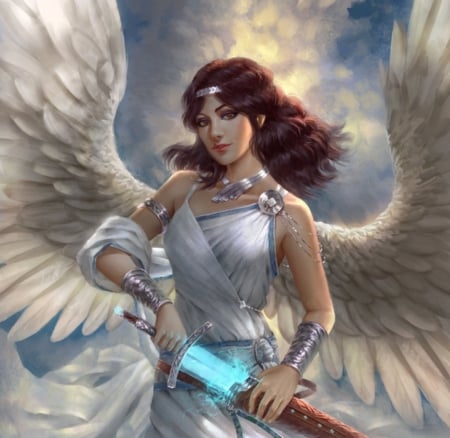 Avariel - blue, girl, feather, angel, avariel, denahelmi, fantasy, white, redhead, wings, luminos