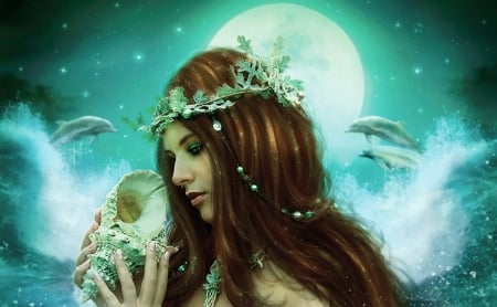 Seashell - moon, seashell, vara, girl, summer, fantasy, blue, siren, enchantedwhisper, luna