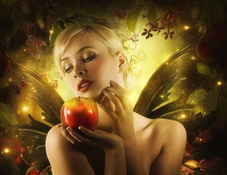 The magical apple - enchantedwhisper, girl, fantasy, hand, wings, fruit, fairy, apple, luminos