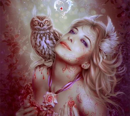 Athena - bird, girl, bufnita, flower, pink, svetlana klimova, owl, frumusete, fantasy, goddess, rose, pasare, luminos, athena