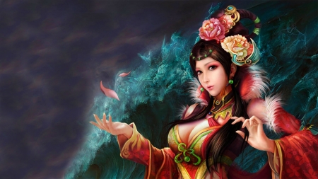 Exotic Magic - pretty, roses, female, water, beautiful, girl, fantasy, digital, woman, art, asian