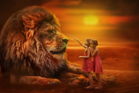 Lion king and little girls  - Lion, Sunset, Girls, Painting