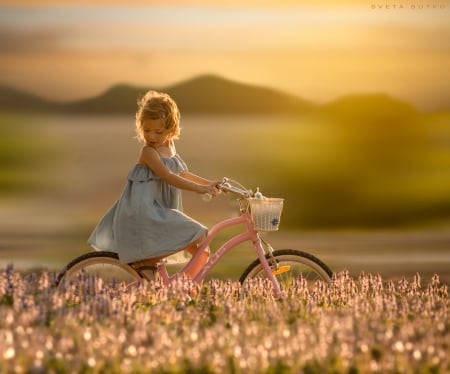 Little girl - princess, people, hair, sunset, belle, sightly, white, face, childhood, fair, little, bonny, adorable, mountain, wallpaper, child, run, nature, beautiful, pink, sweet, nice, beauty, sky, photography, pretty, baby, cute, kid, fields, girl, dainty, bicycle, lovely, pure, comely, desktopnexus, blonde, flower