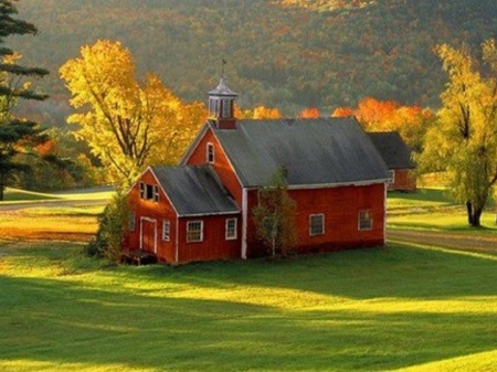 Red Schoolhouse on the Greenery - trees, schoolhouse, nature, autumn, red, green, old, houses, country