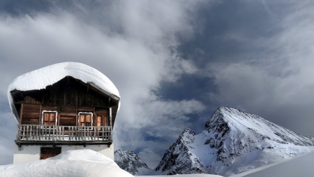 Snow Covered Chalet - clouds, house, winter, nature, snow, mountains, chalet