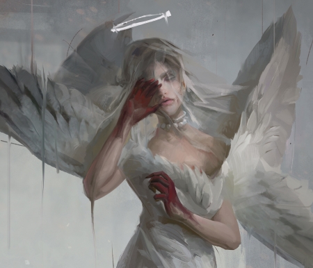 Angel - white, art, girl, angel, luminos, red, wings, bride