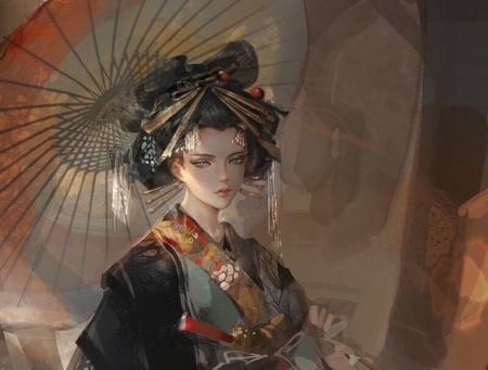 Geisha - geisha, girl, kimono, orange, black, fantasy, umbrella, parasol, art, asian, luminos