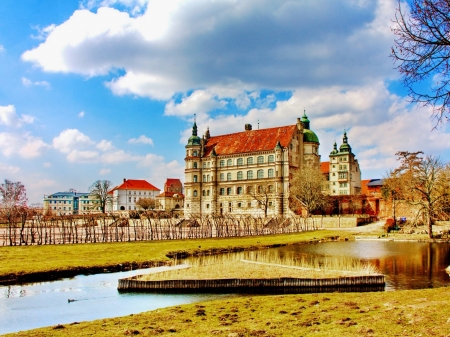 Gustrow Castle,Germany - clouds, germany, trees, nature, pond, castle, sky