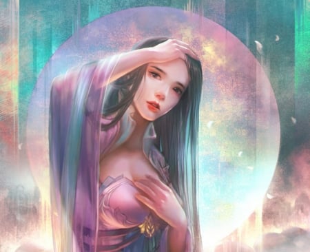 Moon - moon, blue, girl, pink, yankong bu, fantasy, art, asian, luminos, luna