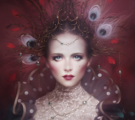 Beauty - melanie delon, fantasy, white, peacock, art, butterfly, portrait, red, luminos, feather, melaniedelon