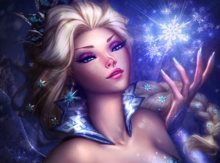 Elsa - winter, blue, michellehoefener, frumusete, fantasy, white, michelle hoefener, snowflake, fanart, iarna, face, elsa, disney, luminos