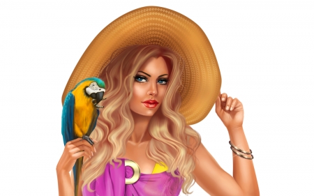 Girl with a parrot - vara, hat, girl, summer, fantasy, bird, pasare, pink, parrot, blue, luminos