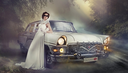 Beauty - fog, dress, girl, retro, white, scarf, car, mist, woman, model, sunglasses