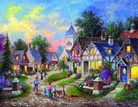 Twilight village - fun, beautiful, spring, joy, village, painting, twilight, houses, peaceful, art