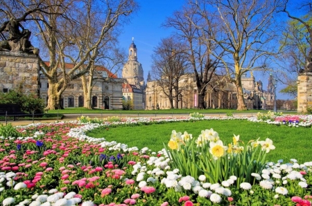 Spring Flowers in Dresden, Germany - sky, trees, church, park, buildings