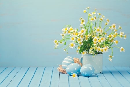 Happy Easter! - vase, yellow, blue, spring, flower, easter, green, egg, card