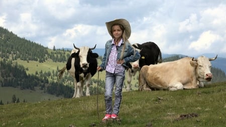 Her Herd . . - fun, girls, female, cowgirl, hats, outdoors, western, cows, blondes, children, ranch, herd