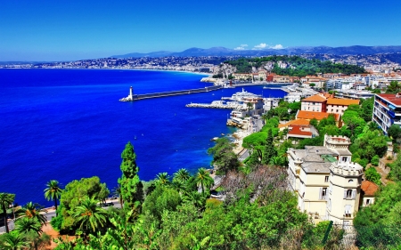 Azure Coast of France - trees, coast, landscape, sea, harbor, palm, nature, mountains, rocks