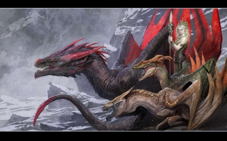 The Silver Queen - game of thrones, girl, daenerys targaryen, black, fantasy, dragon, red, mother of dragons, art, luminos