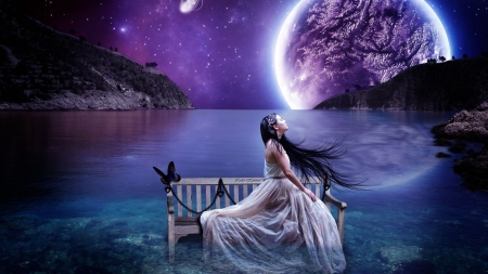 Moonlight - moon, girl, night, fantasy, wind, butterfly, purple, blue, luna, planet