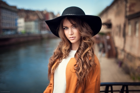 Cowgirl On A Bridge . . - style, melissa field, western, women, models, hats, outdoors, brunettes, cowgirl, fun, female, fashion