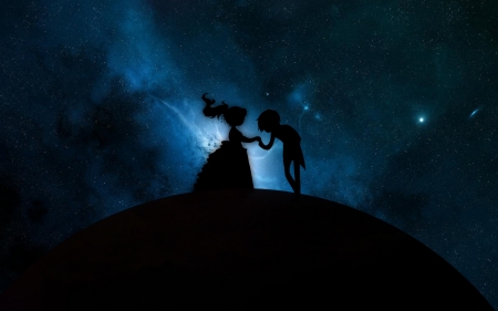 Lovers - silhouette, couple, black, fantasy, kiss, lovers, luminos, blue, shadow