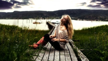 A Day At The Lake . . - women, fun, female, boots, fashion, models, western, dock, boats, cowgirl, outdoors, blondes, lake