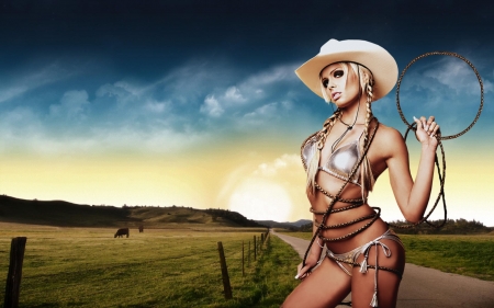 I'm Gonna Rope That Cow . . - women, style, models, rope, female, cowgirl, field, hats, outdoors, road, western, cows, blondes, ranch